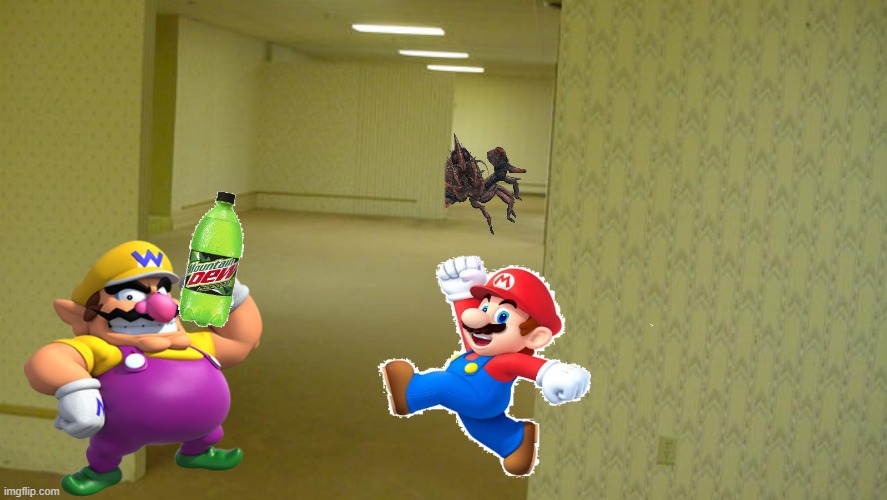 wario, mario, and a mirelurk hunter all make a plan to escape the backrooms while wario drinks a mountain dew | image tagged in wario,mario,fallout 4 | made w/ Imgflip meme maker