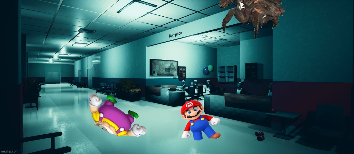 wario, mario, and a mirelurk all noclip thorugh reality in a hospital at the wrong time | image tagged in wario,mario,fallout 4 | made w/ Imgflip meme maker