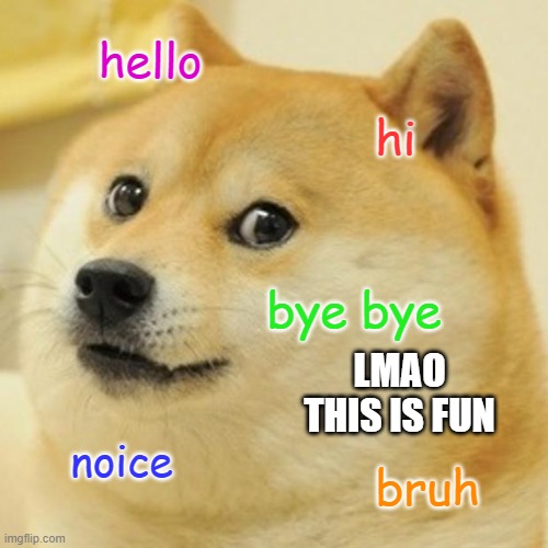 all emotions you had | hello; hi; bye bye; LMAO THIS IS FUN; noice; bruh | image tagged in memes,doge | made w/ Imgflip meme maker
