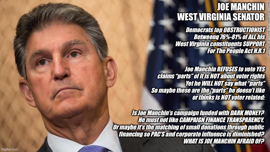 communist joe has got to go | JOE MANCHIN
WEST VIRGINIA SENATOR; Democrats top OBSTRUCTIONIST
Betweenq 76%-81% of ALL his
West Virginia constituents SUPPORT
For The People Act H.R.1; Joe Manchin REFUSES to vote YES
claims “parts” of it is NOT about voter rights
Yet he WILL NOT say what “parts”
So maybe these are the “parts” he doesn’t like
or thinks is NOT voter related:; Is Joe Manchin’s campaign funded with DARK MONEY?
He must not like CAMPAIGN FINANCE TRANSPARENCY.
Or maybe it’s the matching of small donations through public
financing so PAC’S and corporate influence is diminished?
WHAT IS JOE MANCHIN AFRAID OF? | image tagged in communist joe has got to go | made w/ Imgflip meme maker