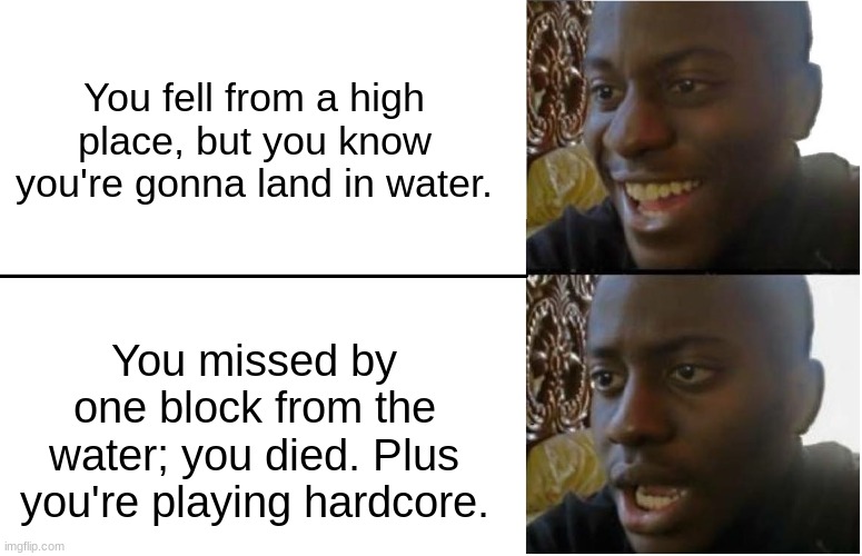 You would be pissed off by this. | You fell from a high place, but you know you're gonna land in water. You missed by one block from the water; you died. Plus you're playing hardcore. | image tagged in disappointed black guy,minecraft,hardcore | made w/ Imgflip meme maker