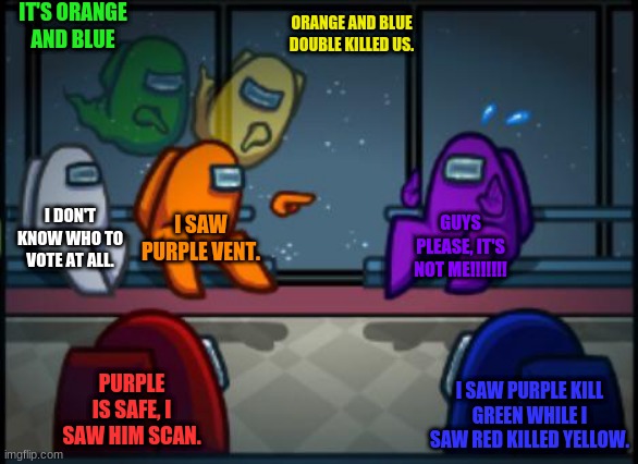 Among us blame |  IT'S ORANGE AND BLUE; ORANGE AND BLUE DOUBLE KILLED US. I DON'T KNOW WHO TO VOTE AT ALL. I SAW PURPLE VENT. GUYS PLEASE, IT'S NOT ME!!!!!!! PURPLE IS SAFE, I SAW HIM SCAN. I SAW PURPLE KILL GREEN WHILE I SAW RED KILLED YELLOW. | image tagged in among us blame | made w/ Imgflip meme maker