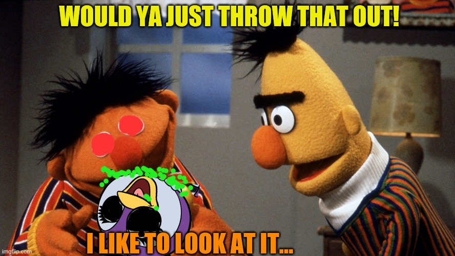 Ernie keeps souvenirs | WOULD YA JUST THROW THAT OUT! I LIKE TO LOOK AT IT... | image tagged in ernie and bert discuss rubber duckie,bert and ernie,sesame street,serial killer,but why why would you do that | made w/ Imgflip meme maker