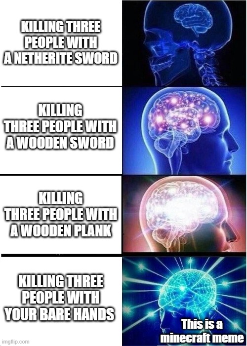 Expanding Brain Meme | KILLING THREE PEOPLE WITH A NETHERITE SWORD; KILLING THREE PEOPLE WITH A WOODEN SWORD; KILLING THREE PEOPLE WITH A WOODEN PLANK; KILLING THREE PEOPLE WITH YOUR BARE HANDS; This is a minecraft meme | image tagged in memes,expanding brain | made w/ Imgflip meme maker