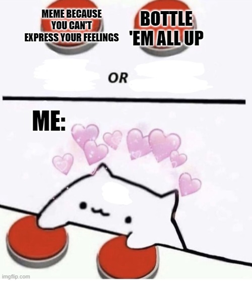 Cat pressing two buttons | BOTTLE 'EM ALL UP; MEME BECAUSE YOU CAN'T EXPRESS YOUR FEELINGS; ME: | image tagged in cat pressing two buttons | made w/ Imgflip meme maker