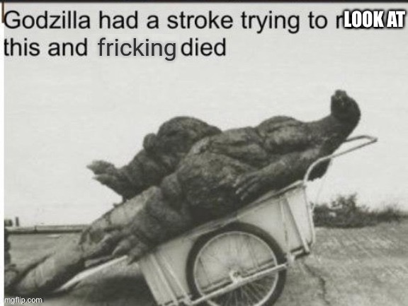 Godzilla had a stroke trying to read this and fricking died | LOOK AT | image tagged in godzilla had a stroke trying to read this and fricking died | made w/ Imgflip meme maker