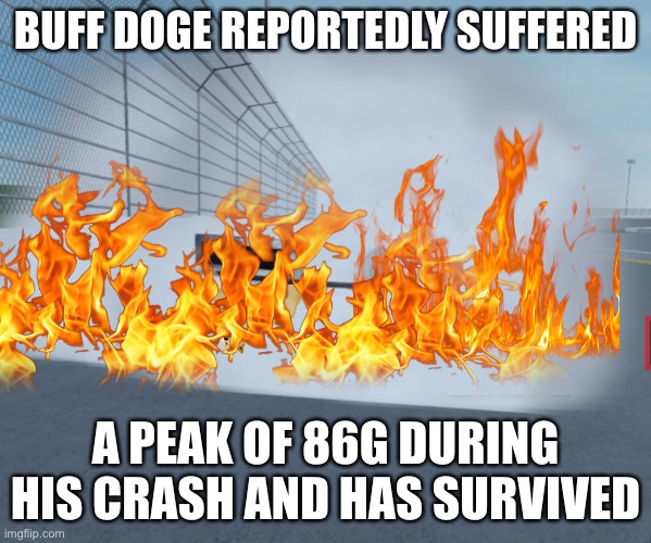 It was a really hefty wack but the Buffness helped him survive it, the peak was flipping over, the Giovinazzi impact a close 2nd | BUFF DOGE REPORTEDLY SUFFERED; A PEAK OF 86G DURING HIS CRASH AND HAS SURVIVED | image tagged in nmcs,nascar,memes,buff doge,daytona,huge crash | made w/ Imgflip meme maker