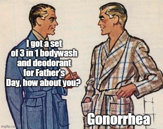 50s Dads | I got a set of 3 in 1 bodywash and deodorant for Father's Day, how about you? Gonorrhea | image tagged in 50s dads,memes,father's day,nsfw | made w/ Imgflip meme maker