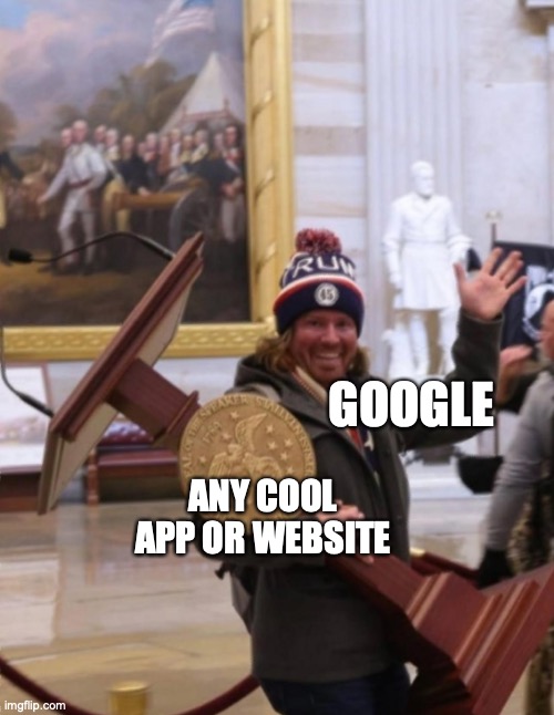 Frickin' Google! | GOOGLE; ANY COOL APP OR WEBSITE | image tagged in capitol 2021 stealing guy | made w/ Imgflip meme maker