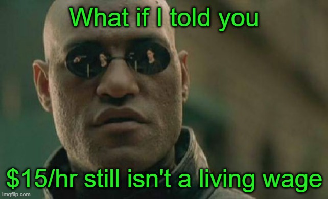 Matrix Morpheus Meme | What if I told you $15/hr still isn't a living wage | image tagged in memes,matrix morpheus | made w/ Imgflip meme maker