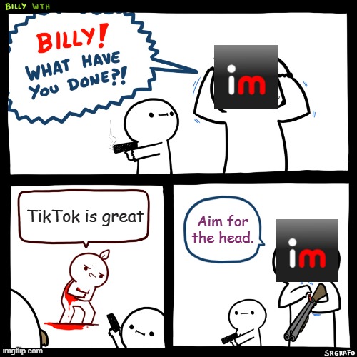 Billy, What Have You Done | TikTok is great; Aim for the head. | image tagged in billy what have you done | made w/ Imgflip meme maker