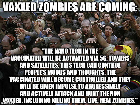 I warn you now, of what is coming... | VAXXED ZOMBIES ARE COMING:; "THE NANO TECH IN THE VACCINATED WILL BE ACTIVATED VIA 5G. TOWERS AND SATELLITES. THIS TECH CAN CONTROL PEOPLE'S MOODS AND THOUGHTS. THE VACCINATED WILL BECOME CONTROLLED AND THEY WILL BE GIVEN IMPULSE TO AGGRESSIVELY AND ACTIVELY ATTACK AND HUNT THE NON VAXXED. INCLUDING KILLING THEM. LIVE, REAL ZOMBIES." | image tagged in zombies approaching | made w/ Imgflip meme maker