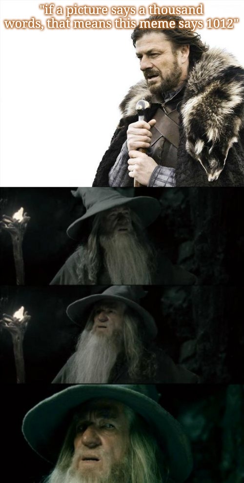 If a Picture says 1000 words, how many in this meme | "if a picture says a thousand words, that means this meme says 1012" | image tagged in memes,brace yourselves x is coming,confused gandalf | made w/ Imgflip meme maker