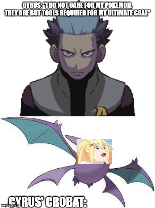 Cyrus Golbat isn't like other Golbats | CYRUS: "I DO NOT CARE FOR MY POKEMON, THEY ARE BUT TOOLS REQUIRED FOR MY ULTIMATE GOAL"; CYRUS' CROBAT: | image tagged in konosuba,pokemon,pokemon platinum | made w/ Imgflip meme maker