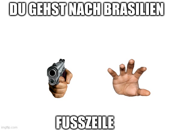 Meme for all the germans |  DU GEHST NACH BRASILIEN; FUSSZEILE | image tagged in blank white template | made w/ Imgflip meme maker