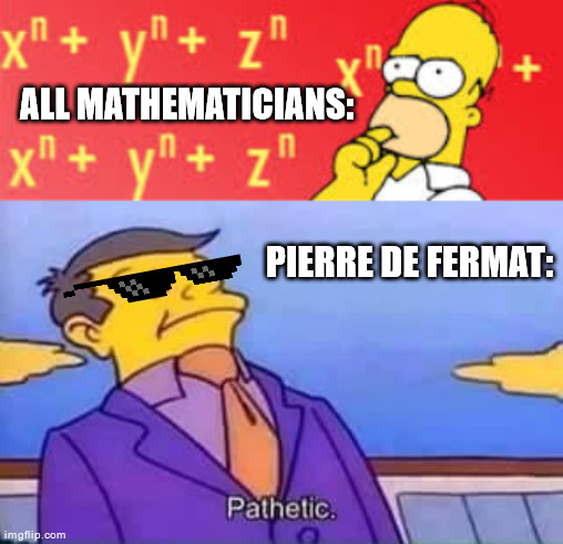 Historically he was one of the better trolls | ALL MATHEMATICIANS:; PIERRE DE FERMAT: | image tagged in skinner pathetic,fermat,fermat's last theorem,mathematics | made w/ Imgflip meme maker