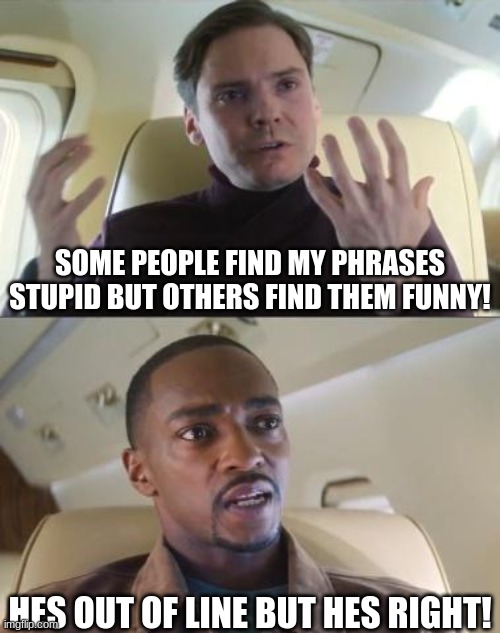 The truth! | SOME PEOPLE FIND MY PHRASES STUPID BUT OTHERS FIND THEM FUNNY! HES OUT OF LINE BUT HES RIGHT! | image tagged in out of line but he's right | made w/ Imgflip meme maker