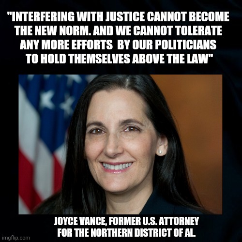 Democracy Matters | "INTERFERING WITH JUSTICE CANNOT BECOME 
THE NEW NORM. AND WE CANNOT TOLERATE 
ANY MORE EFFORTS  BY OUR POLITICIANS 
TO HOLD THEMSELVES ABOVE THE LAW"; JOYCE VANCE, FORMER U.S. ATTORNEY FOR THE NORTHERN DISTRICT OF AL. | image tagged in joyce vance,politician's not above the law,politicical memes,quotes,truth to power,democracy matters | made w/ Imgflip meme maker