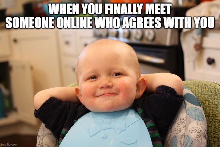 Baby Boss Relaxed Smug Content | WHEN YOU FINALLY MEET SOMEONE ONLINE WHO AGREES WITH YOU | image tagged in baby boss relaxed smug content | made w/ Imgflip meme maker