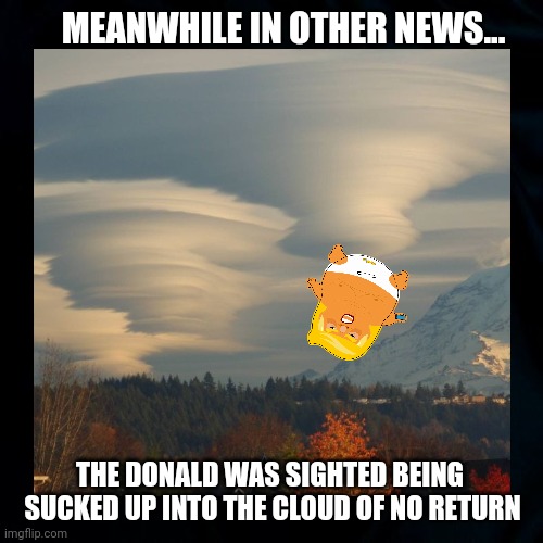 Hey, Hey, Hey, Good Bye | MEANWHILE IN OTHER NEWS... THE DONALD WAS SIGHTED BEING 
SUCKED UP INTO THE CLOUD OF NO RETURN | image tagged in the donald,donald trump,no retutn,2024,political memes,funny | made w/ Imgflip meme maker