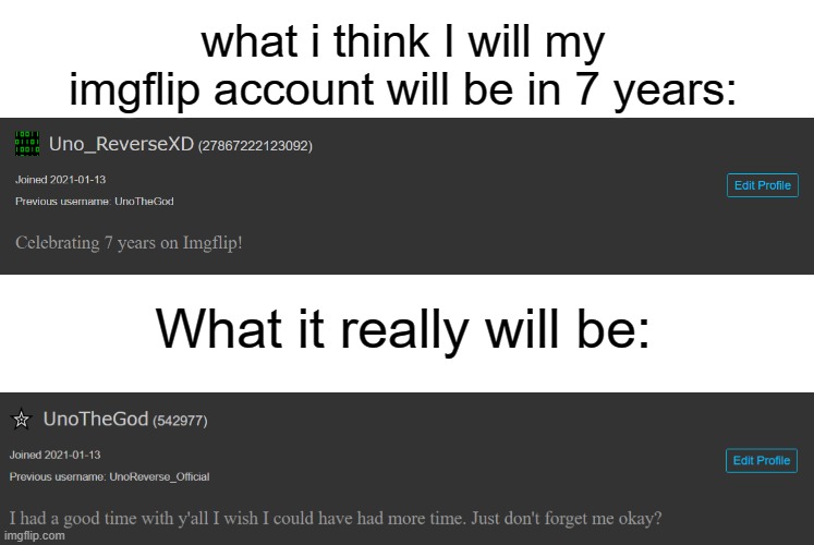 And no, I wont use those names they are just stupid names | what i think I will my imgflip account will be in 7 years:; What it really will be: | made w/ Imgflip meme maker