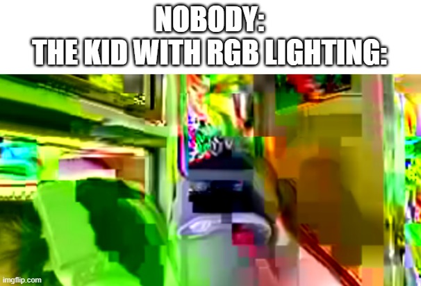 Rgb | NOBODY:
THE KID WITH RGB LIGHTING: | image tagged in rgb | made w/ Imgflip meme maker