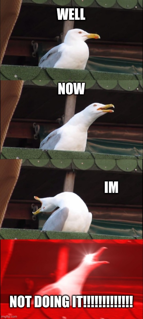 Inhaling Seagull | WELL; NOW; IM; NOT DOING IT!!!!!!!!!!!!! | image tagged in memes,inhaling seagull,lol so funny,moms | made w/ Imgflip meme maker