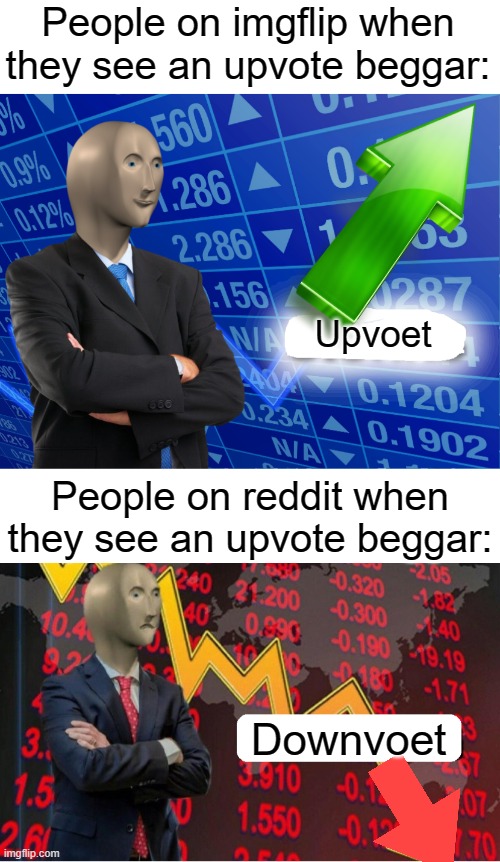 Seriously, Why do Imgflip upvote beggars get so much more upvotes than reddit upvote beggars? | People on imgflip when they see an upvote beggar:; Upvoet; People on reddit when they see an upvote beggar:; Downvoet | image tagged in empty stonks,not stonks blank | made w/ Imgflip meme maker