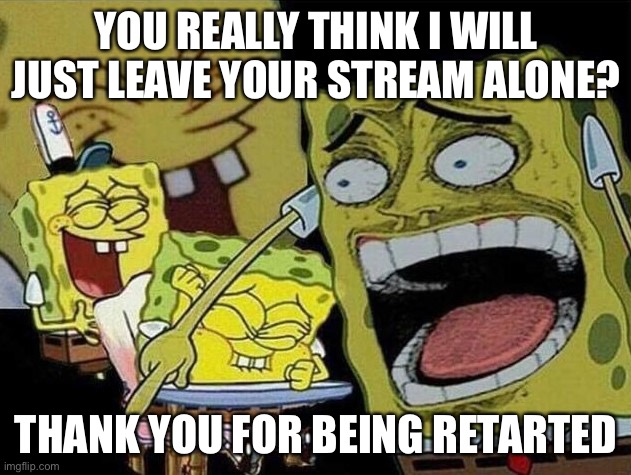 Spongebob laughing Hysterically | YOU REALLY THINK I WILL JUST LEAVE YOUR STREAM ALONE? THANK YOU FOR BEING RETARTED | image tagged in spongebob laughing hysterically | made w/ Imgflip meme maker