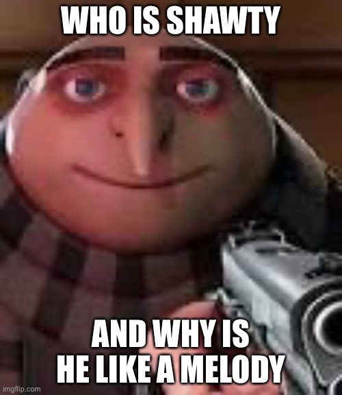 t | WHO IS SHAWTY; AND WHY IS HE LIKE A MELODY | image tagged in gru with gun | made w/ Imgflip meme maker