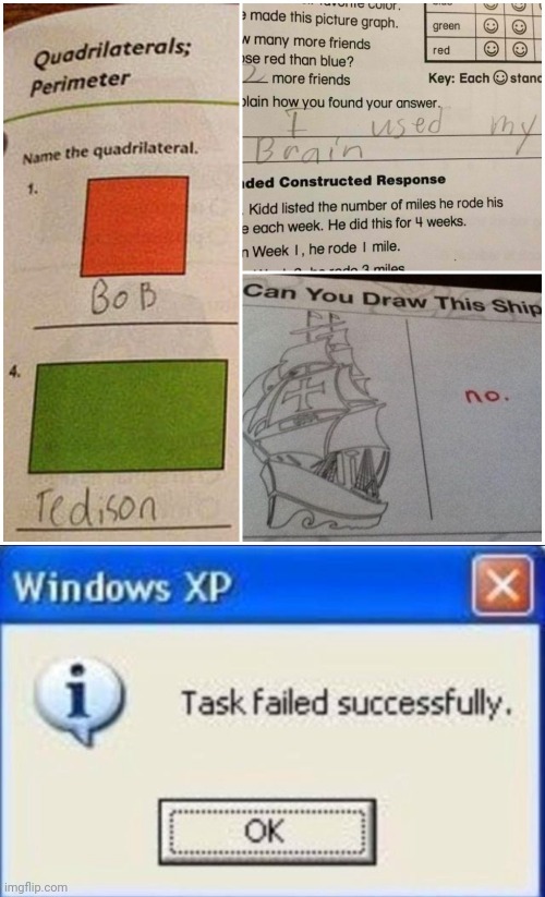 ... | image tagged in task failed successfully,stupid test answers | made w/ Imgflip meme maker