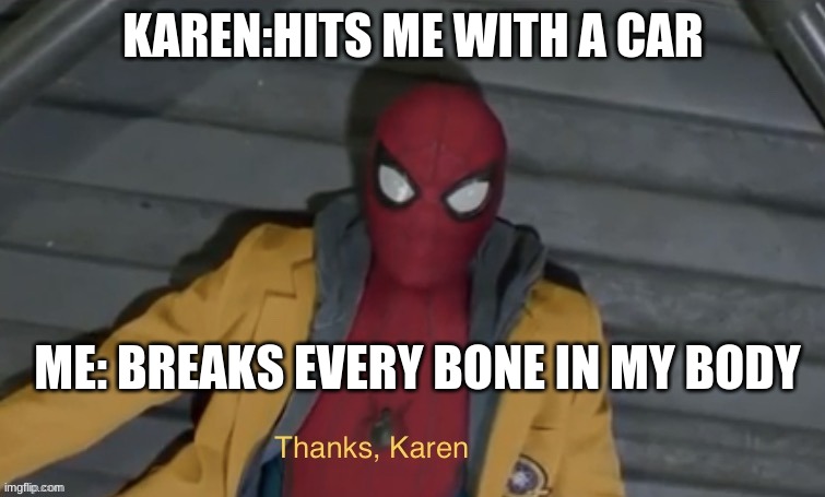 KAREN | KAREN:HITS ME WITH A CAR; ME: BREAKS EVERY BONE IN MY BODY | made w/ Imgflip meme maker