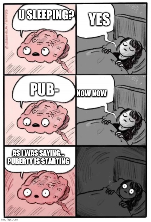 when puberty starts in the middle of the night | YES; U SLEEPING? PUB-; NOW NOW; AS I WAS SAYING... PUBERTY IS STARTING | image tagged in brain before sleep - extended cut | made w/ Imgflip meme maker