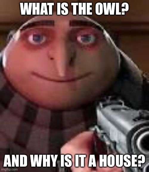 Gru with Gun | WHAT IS THE OWL? AND WHY IS IT A HOUSE? | image tagged in gru with gun | made w/ Imgflip meme maker