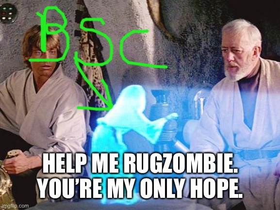 Help me RugZombid |  HELP ME RUGZOMBIE. YOU’RE MY ONLY HOPE. | image tagged in help me obi wan kenobi | made w/ Imgflip meme maker