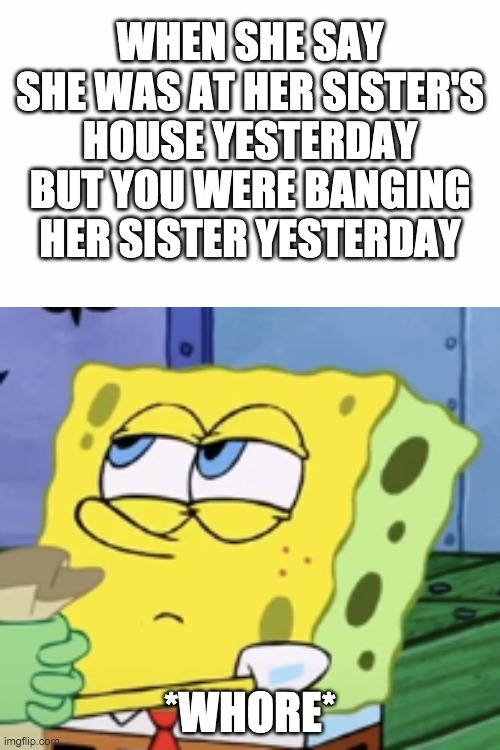 Damn she cheatin | WHEN SHE SAY SHE WAS AT HER SISTER'S HOUSE YESTERDAY BUT YOU WERE BANGING HER SISTER YESTERDAY; *WHORE* | image tagged in memes,funny memes | made w/ Imgflip meme maker