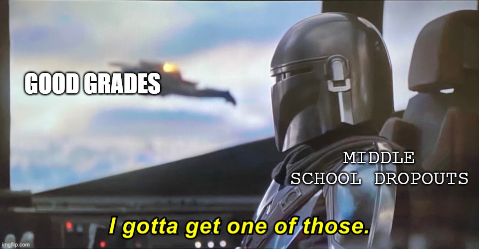 Mandolorian | GOOD GRADES; MIDDLE SCHOOL DROPOUTS | image tagged in mandolorian | made w/ Imgflip meme maker