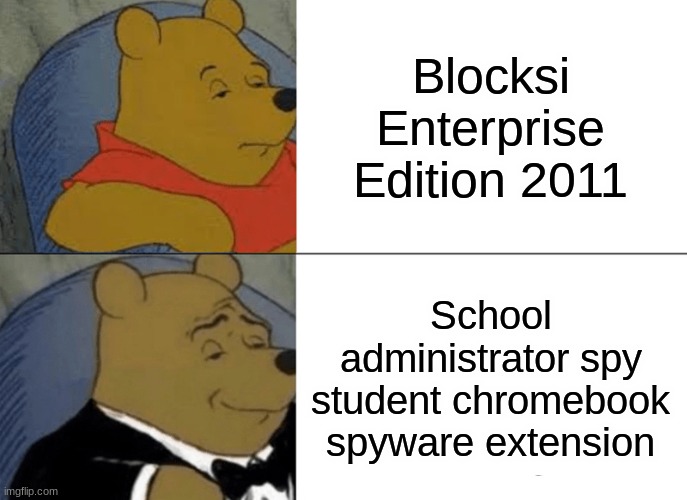 School Chromebook Meme | Blocksi Enterprise Edition 2011; School administrator spy student chromebook spyware extension | image tagged in memes,tuxedo winnie the pooh | made w/ Imgflip meme maker