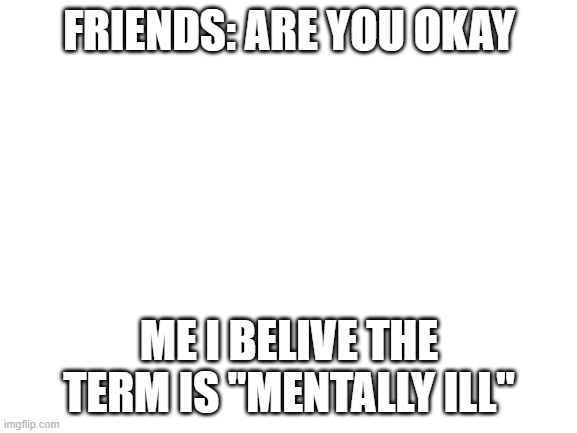 yes. | FRIENDS: ARE YOU OKAY; ME I BELIVE THE TERM IS "MENTALLY ILL" | image tagged in blank white template | made w/ Imgflip meme maker