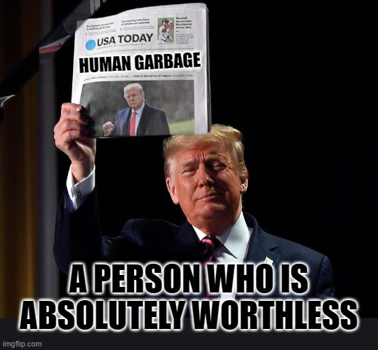 HUMAN GARBAGE | HUMAN GARBAGE; A PERSON WHO IS ABSOLUTELY WORTHLESS | image tagged in human garbage,worthless,person,absolutely,trump,republicans | made w/ Imgflip meme maker