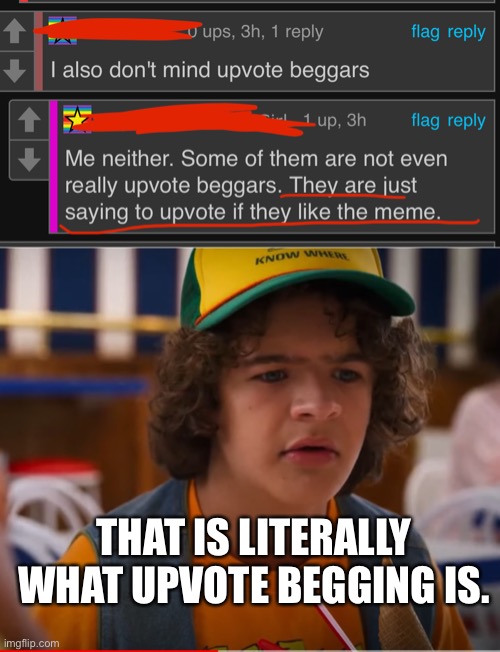 WUT | THAT IS LITERALLY WHAT UPVOTE BEGGING IS. | image tagged in confused dustin | made w/ Imgflip meme maker