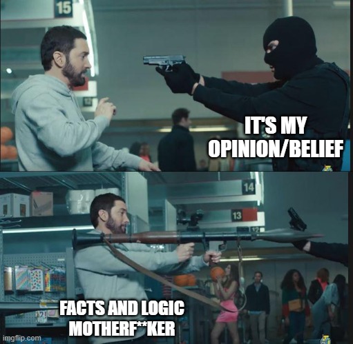 A summary of every discussion I've ever had over the internet... and I've had a lot of them. |  IT'S MY OPINION/BELIEF; FACTS AND LOGIC
MOTHERF**KER | image tagged in eminem rocket launcher | made w/ Imgflip meme maker