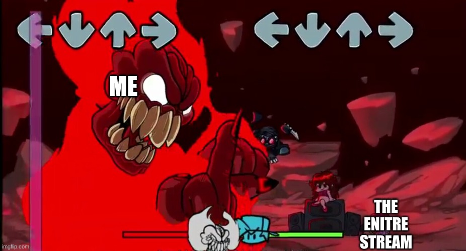 me in a nutshell | ME; THE ENITRE STREAM | image tagged in demonic tricky | made w/ Imgflip meme maker