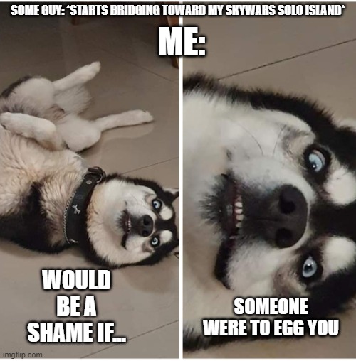 buddy, if u wanna get to my island, ur gonna have to go through some eggs and snowballs first. | ME:; SOME GUY: *STARTS BRIDGING TOWARD MY SKYWARS SOLO ISLAND*; WOULD BE A SHAME IF... SOMEONE WERE TO EGG YOU | image tagged in it would be a shame if someone | made w/ Imgflip meme maker