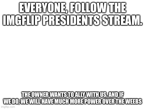 Blank White Template | EVERYONE, FOLLOW THE IMGFLIP PRESIDENTS STREAM. THE OWNER WANTS TO ALLY WITH US, AND IF WE DO, WE WILL HAVE MUCH MORE POWER OVER THE WEEBS | image tagged in blank white template | made w/ Imgflip meme maker