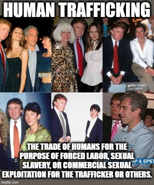 HUMAN TRAFFICKING | HUMAN TRAFFICKING; THE TRADE OF HUMANS FOR THE PURPOSE OF FORCED LABOR, SEXUAL SLAVERY, OR COMMERCIAL SEXUAL EXPLOITATION FOR THE TRAFFICKER OR OTHERS. | image tagged in human trafficking,trump,epstein,maxwell,trade,forced | made w/ Imgflip meme maker