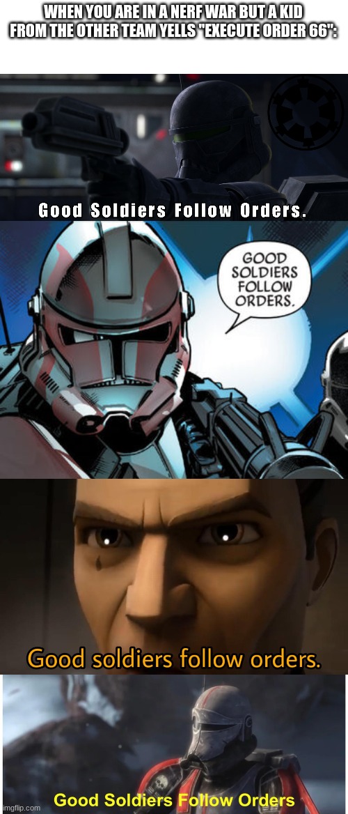 Good Soldiers follow Orders | WHEN YOU ARE IN A NERF WAR BUT A KID FROM THE OTHER TEAM YELLS "EXECUTE ORDER 66": | image tagged in good soldiers follow orders | made w/ Imgflip meme maker