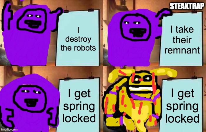 Gru's Plan Meme | STEAKTRAP; I destroy the robots; I take their remnant; I get spring locked; I get spring locked | image tagged in gru's plan,fnaf | made w/ Imgflip meme maker