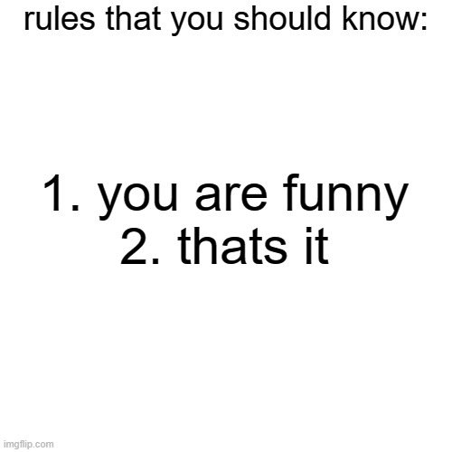 Blank Transparent Square Meme | rules that you should know:; 1. you are funny
2. thats it | image tagged in memes,blank transparent square | made w/ Imgflip meme maker