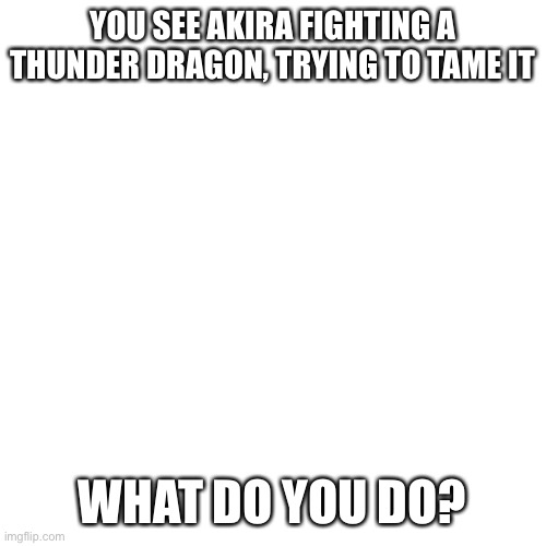 Title noises | YOU SEE AKIRA FIGHTING A THUNDER DRAGON, TRYING TO TAME IT; WHAT DO YOU DO? | image tagged in memes,blank transparent square | made w/ Imgflip meme maker